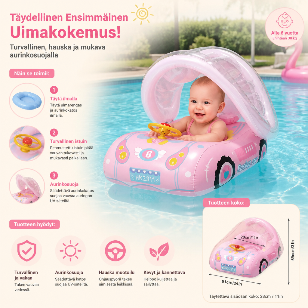 Puhallettava vauvan uimarengas auton muodossa aurinkokatoksella