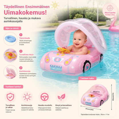 Puhallettava vauvan uimarengas auton muodossa aurinkokatoksella