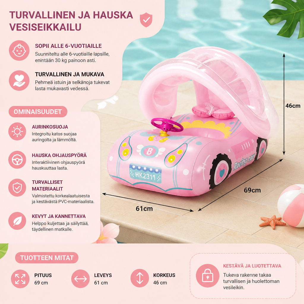 Puhallettava vauvan uimarengas auton muodossa aurinkokatoksella