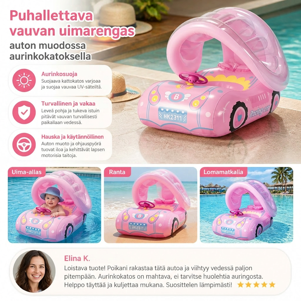 Puhallettava vauvan uimarengas auton muodossa aurinkokatoksella
