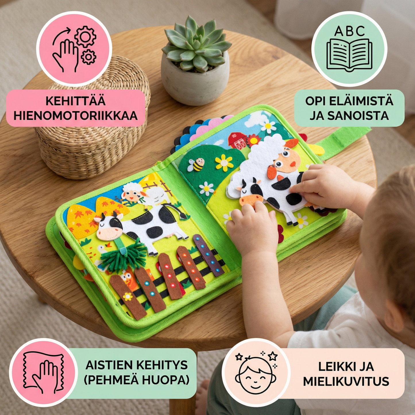 Farmioppimiskirja pikkulapsille | Pehmeä huovutettu tehtäväkirja eläimistä ja hienomotoriikasta oppimiseen