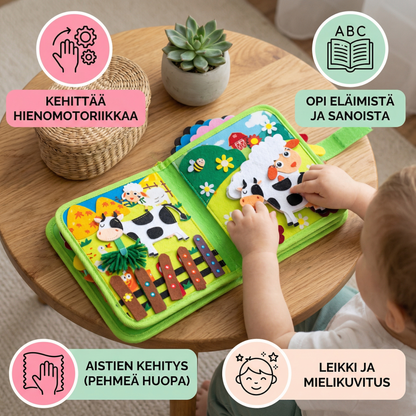Farmioppimiskirja pikkulapsille | Pehmeä huovutettu tehtäväkirja eläimistä ja hienomotoriikasta oppimiseen