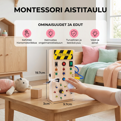 Montessori aistitaulu puusta valoilla ja kytkimillä – motorinen lelu lapsille