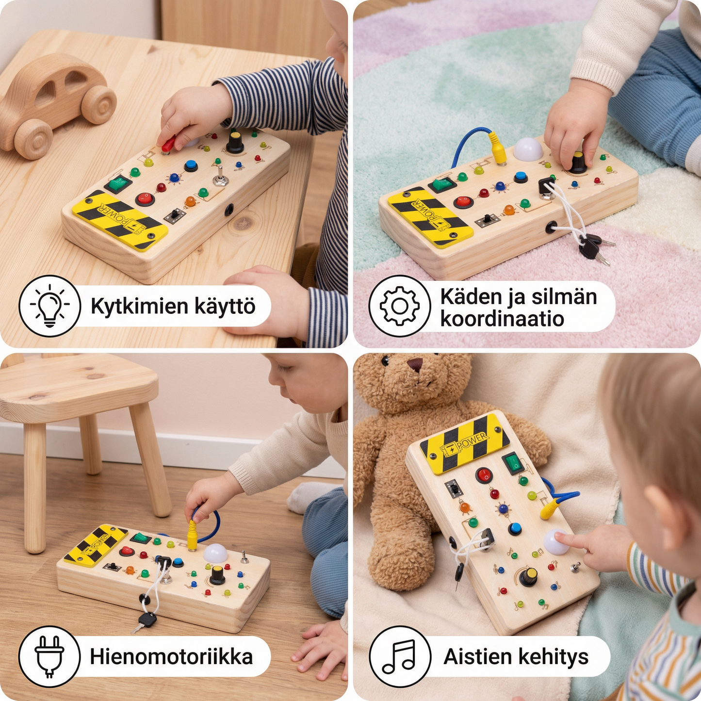 Montessori aistitaulu puusta valoilla ja kytkimillä – motorinen lelu lapsille