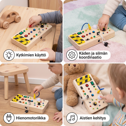 Montessori aistitaulu puusta valoilla ja kytkimillä – motorinen lelu lapsille