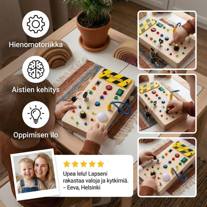 Montessori aistitaulu puusta valoilla ja kytkimillä – motorinen lelu lapsille