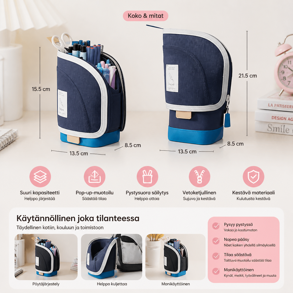 2-in-1 pop-up -penaali kynätelineellä – tilaa säästävä pöytäjärjestäjä