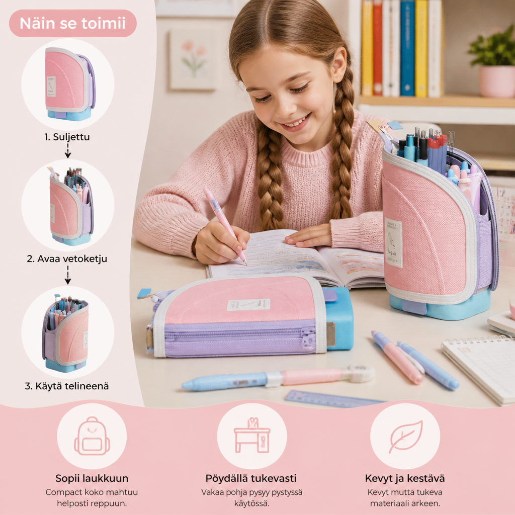 2-in-1 pop-up -penaali kynätelineellä – tilaa säästävä pöytäjärjestäjä