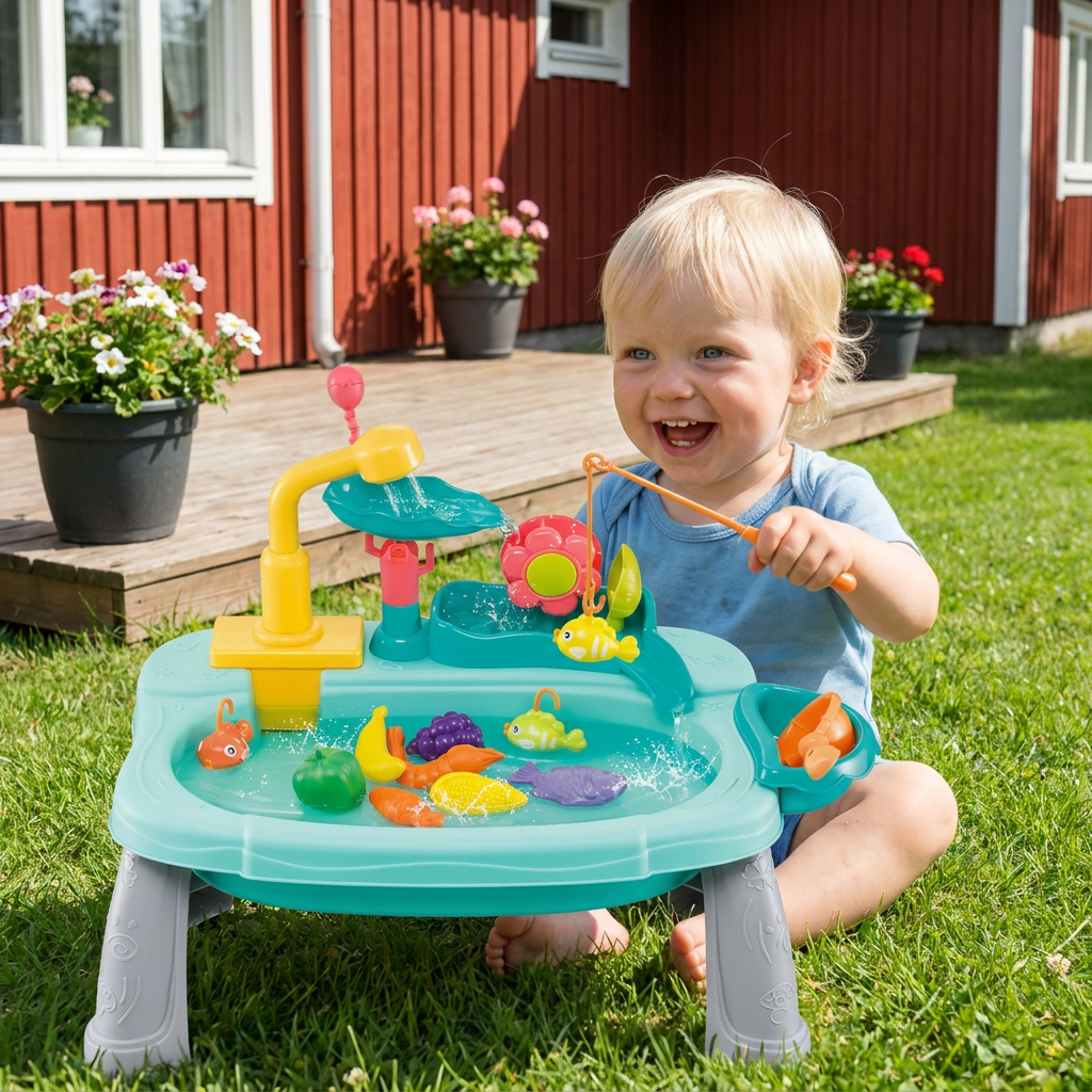 Ergonomisesti korotettu lasten leikkikeittiö sähköisellä vesitoiminnolla