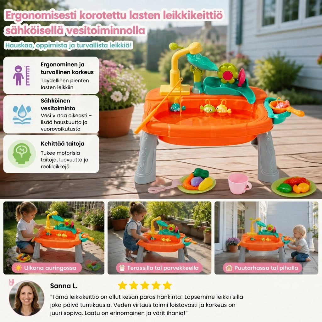 Ergonomisesti korotettu lasten leikkikeittiö sähköisellä vesitoiminnolla