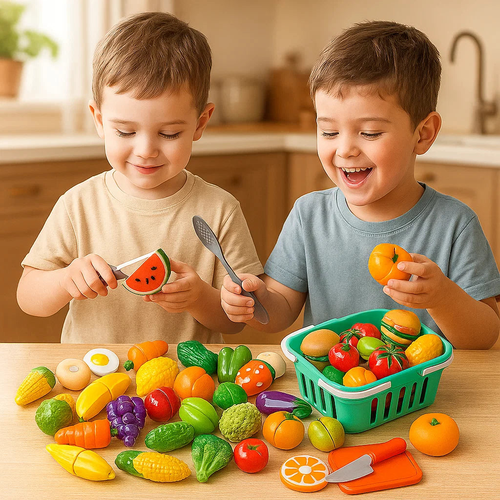 Puunleikkuusetti keittiöön | Oppimislelu lapsille, jossa on kori ja realistisia vihanneksia roolileikkejä varten
