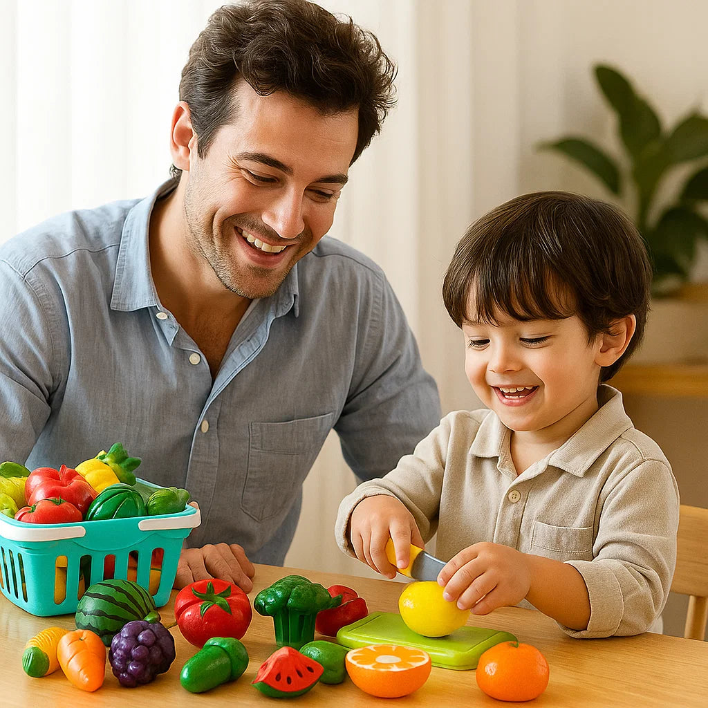 Puunleikkuusetti keittiöön | Oppimislelu lapsille, jossa on kori ja realistisia vihanneksia roolileikkejä varten