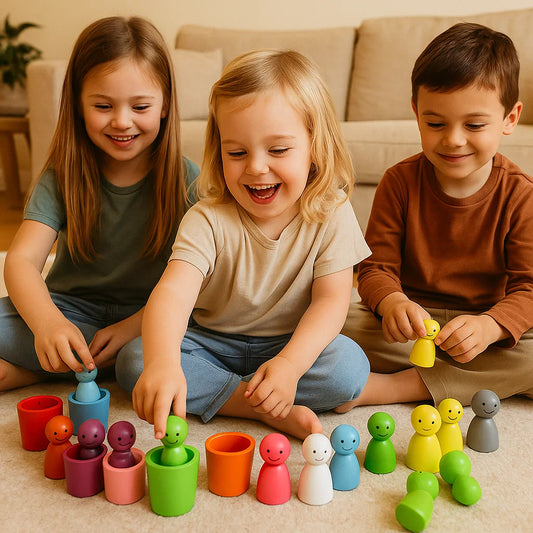 Värien yhteensovittaminen puuleluja lapsille | Lajittelupeli, jossa on pinssinukkeja ja kuppeja hienomotoriikkaa ja visuaalista oppimista varten