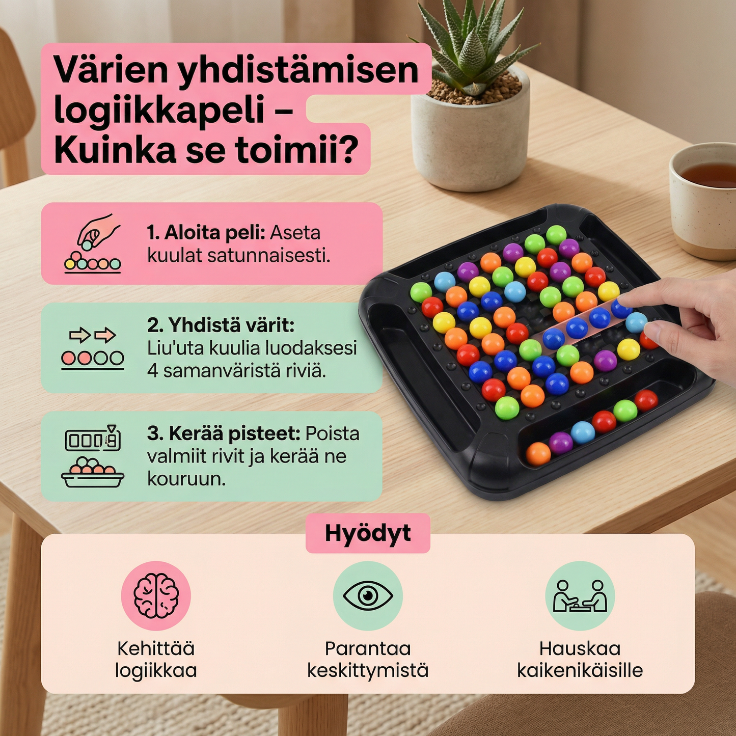 Värien yhdistämisen logiikkapeli – interaktiivinen kuula-ajattelupeli lapsille ja aikuisille