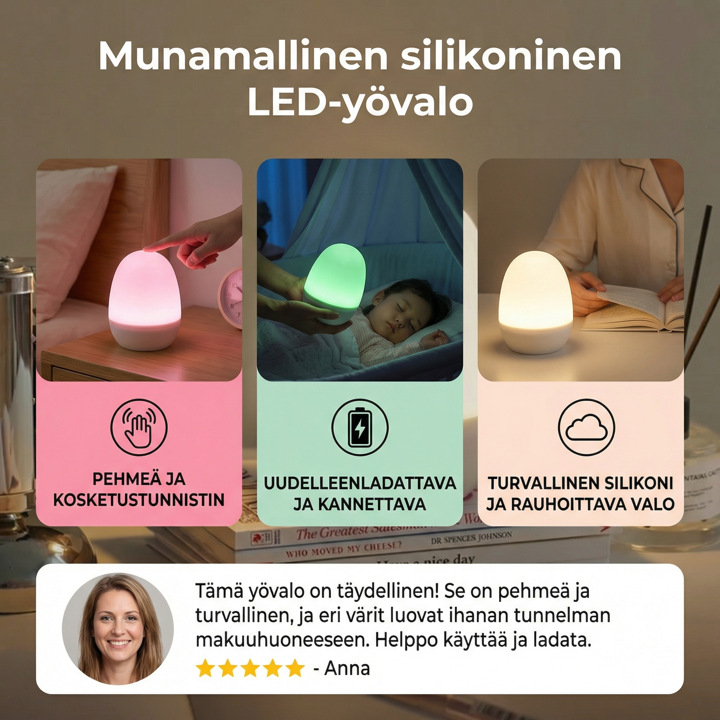 Munamallinen silikoninen LED-yövalo