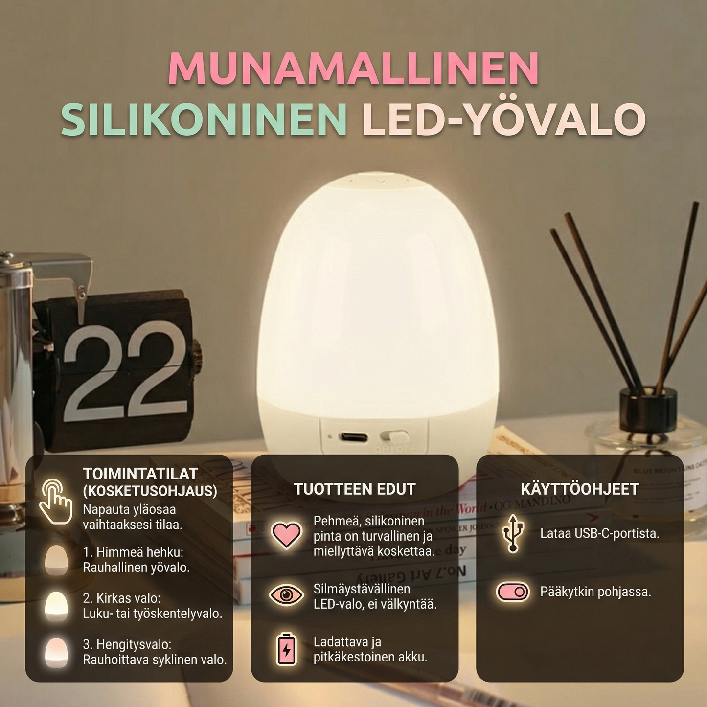 Munamallinen silikoninen LED-yövalo