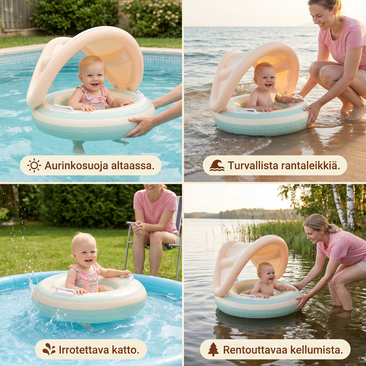 Nautittava Retro Raidallinen Vauvauimarenkaalla Irrotettavalla Aurinkosuojalla – Turvallinen Istuimen Tuki 6–36 Kuukautta