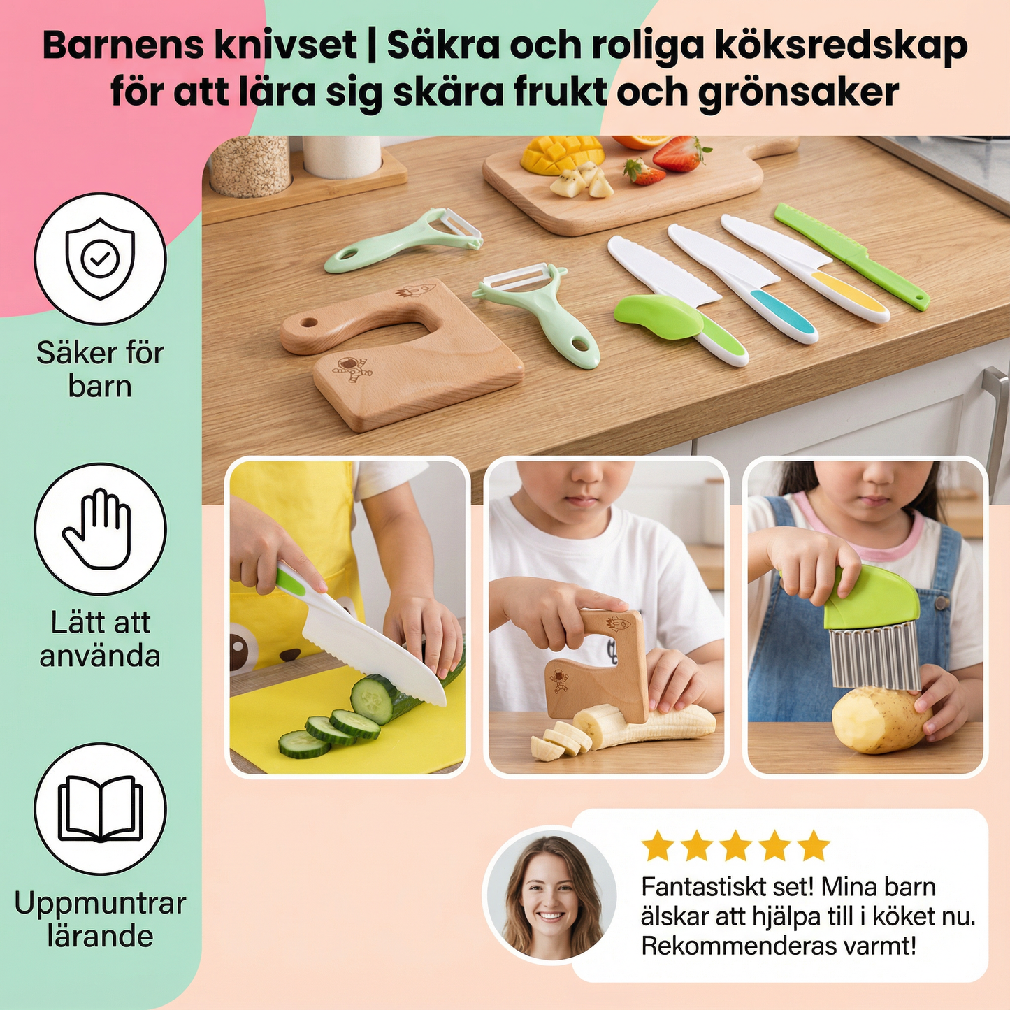Lasten veitsisarja | Turvalliset ja hauskat keittiötyökalut, joilla opit leikkaamaan hedelmiä ja vihanneksia