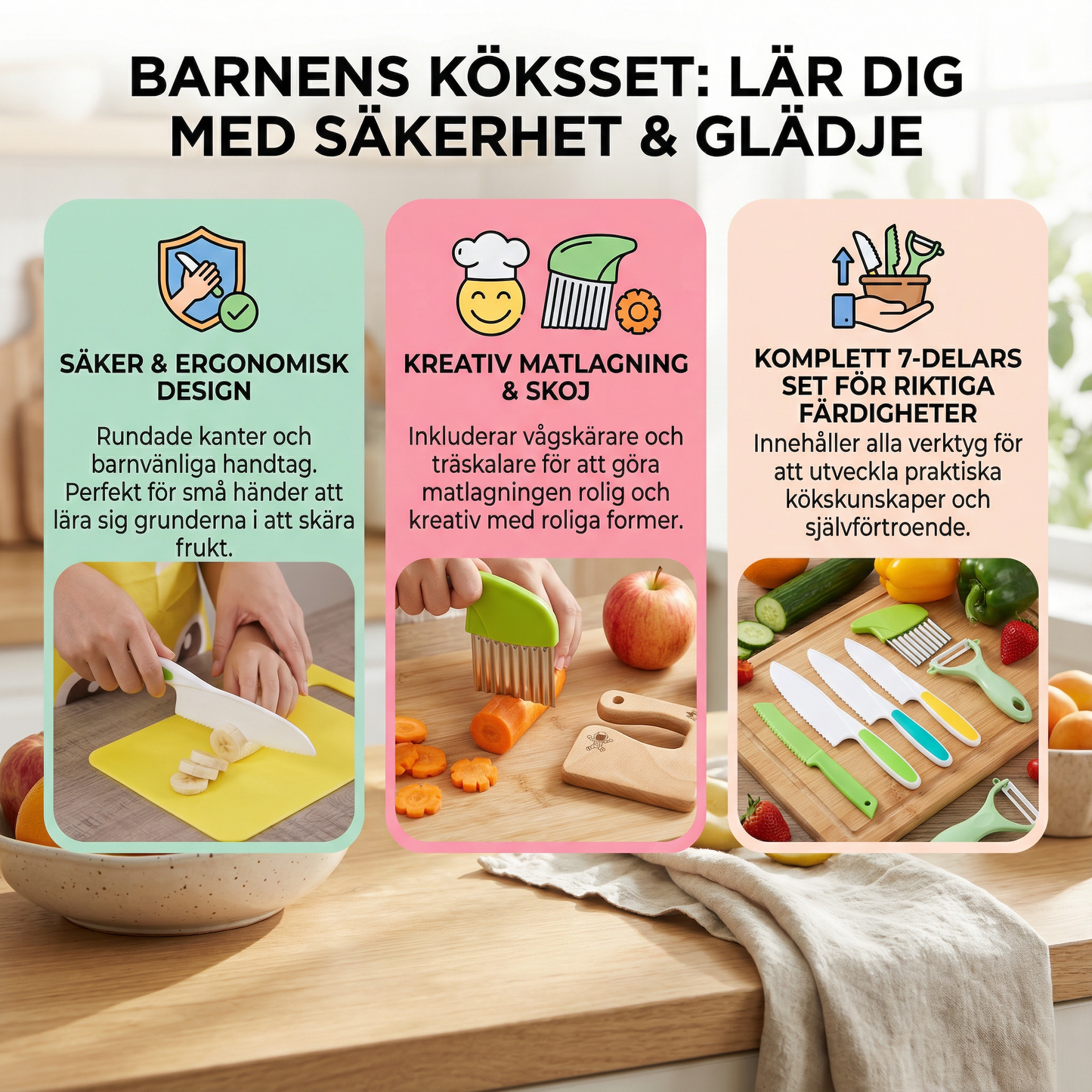Lasten veitsisarja | Turvalliset ja hauskat keittiötyökalut, joilla opit leikkaamaan hedelmiä ja vihanneksia