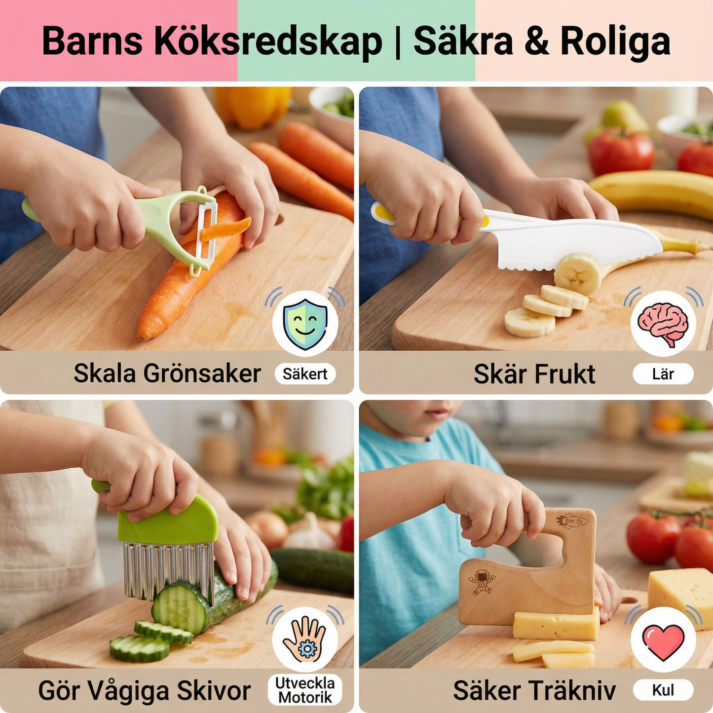Lasten veitsisarja | Turvalliset ja hauskat keittiötyökalut, joilla opit leikkaamaan hedelmiä ja vihanneksia