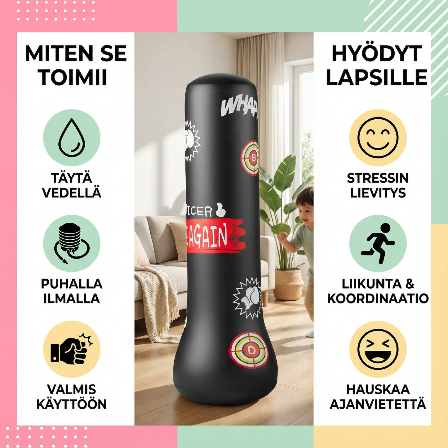 Täytettävä puhallettava nyrkkeilysäkki lapsille (vedellä täytettävä)