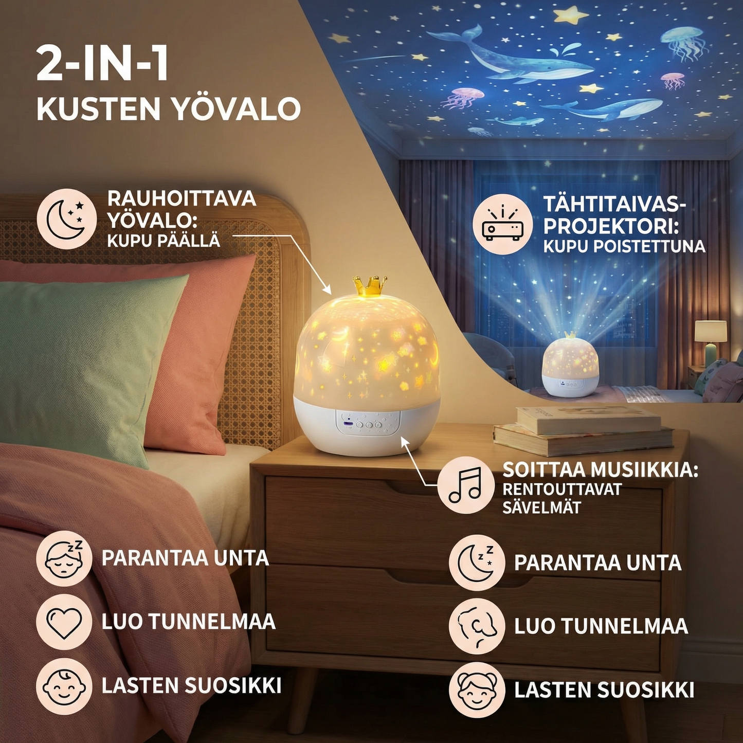 2-in-1 lasten yövalo ja projektori