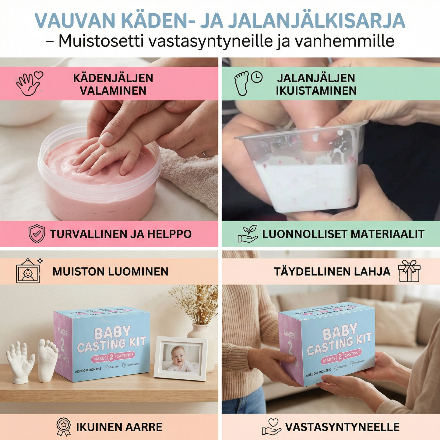 Vauvan käden- ja jalanjälkisarja – Muistosetti vastasyntyneille ja vanhemmille